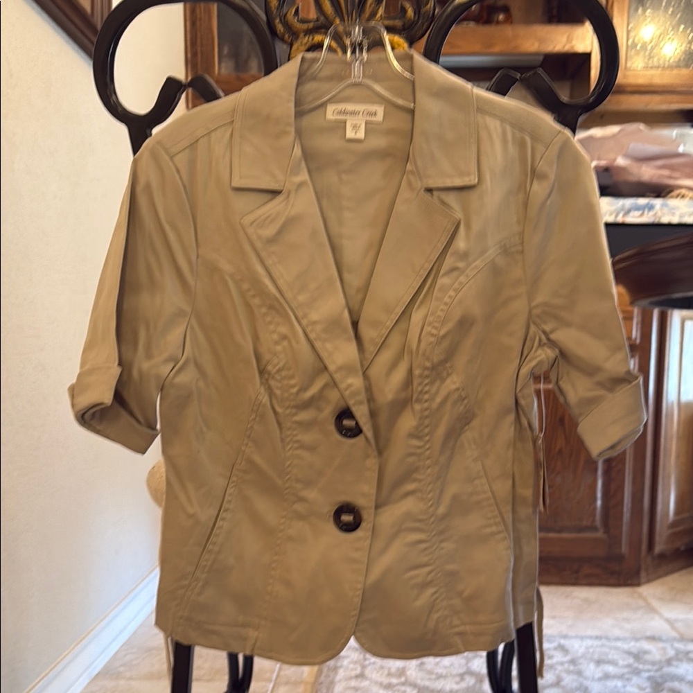 Coldwater Creek Tan Blazer with Notched Lapels and Short Sleeves